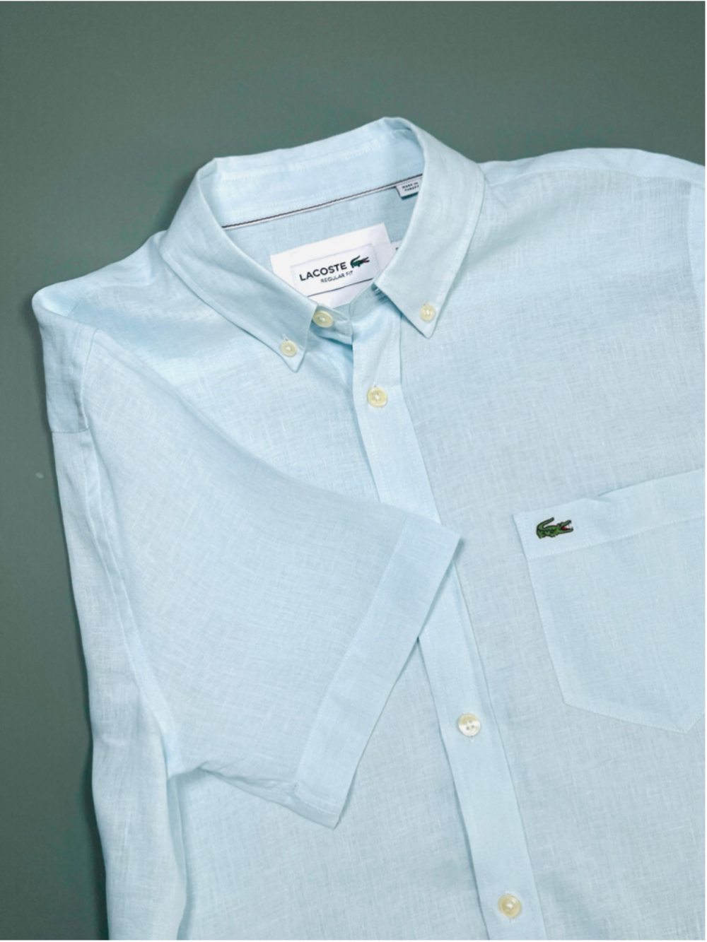 Lacoste Mens Shirt Linen Short Sleeve Button Down Shirt Light Blue Size S